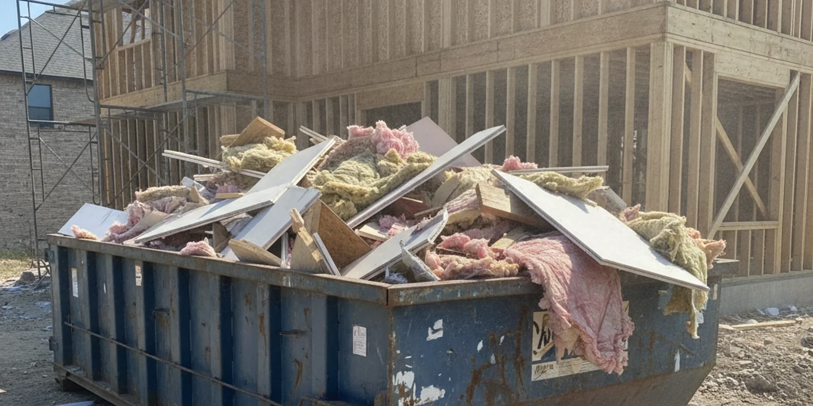 Construction debris dumpster filled with job site waste