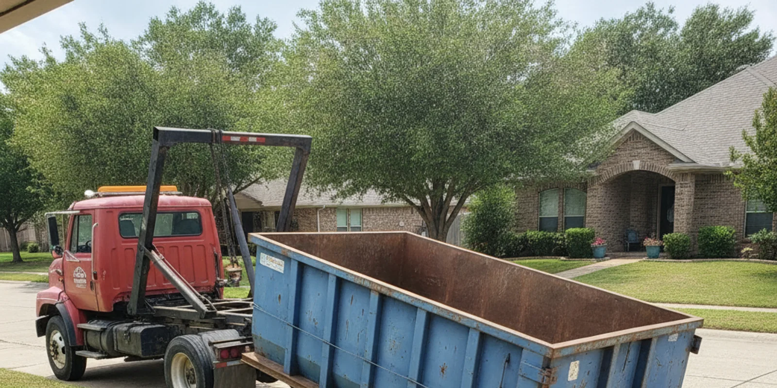 Same-day roll-off dumpster delivery truck dropping off a container